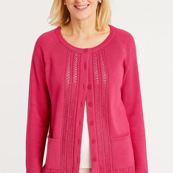 National Large Vintage 90s Pink Button-Up Cardigan Eyelet Knit Pocket Sweater - Picture 1 of 7
